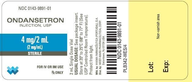 NDC: <a href=/NDC/0143-9891-01>0143-9891-01</a> ONDANSETRON INJECTION, USP 4 mg/2 mL (2 mg/mL) STERILE FOR IV OR IM USE Rx ONLY 2 mL Single Dose Vial USUAL DOSAGE: See package insert. Store at 20º to 25ºC (68º to 77ºF) [See USP Controlled Room Temperature]. Protect from light.