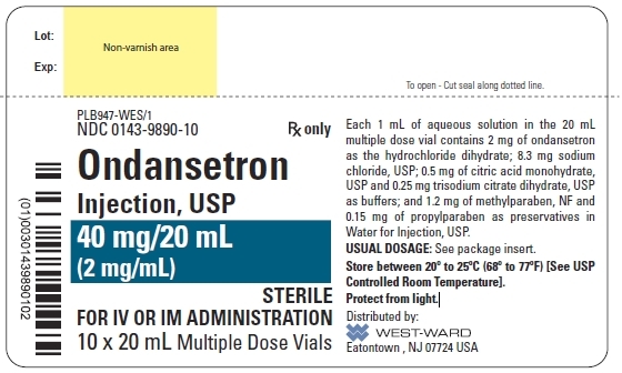 NDC: <a href=/NDC/0143-9890-10>0143-9890-10</a> Rx only Ondansetron Injection, USP 40 mg/20 mL (2 mg/mL) STERILE FOR IV OR IM ADMINISTRATION 10 x 20 mL Multiple Dose Vials Each 1 mL of aqueous solution in the 20 mL multiple dose vial contains 2 mg of ondansetron as the hydrochloride dihydrate; 8.3 mg sodium chloride, USP; 0.5 mg of citric acid monohydrate, USP and 0.25 mg trisodium citrate dihydrate, USP as buffers; and 1.2 mg of methylparaben, NF and 0.15 mg of propylparaben as preservatives in Water for Injection, USP. USUAL DOSAGE: See package insert. Store between 20º to 25ºC (68º to 77ºF) [See USP Controlled Room Temperature]. Protect from light.