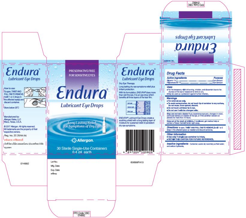 PRESERVATIVE-FREE
FOR SENSITIVE EYES
Endura®
Lubricant Eye Drops
Long Lasting Relief
for Symptoms of Dry Eye
AllerganTM
30 Sterile Single-Use Containers
0.4 mL each
