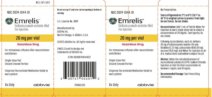 PRINCIPAL DISPLAY PANEL
NDC: <a href=/NDC/0074-1044-01>0074-1044-01</a>
Emrelis™
(telisotuzumab vedotin-tllv)
For Injection
20 mg per vial
Hazardous Drug
For Intravenous Infusion after reconstitution
and dilution
Single-Dose Vial
Discard Unused Portion
Dispense the enclosed Medication Guide to 
each patient
Rx Only
abbvie

