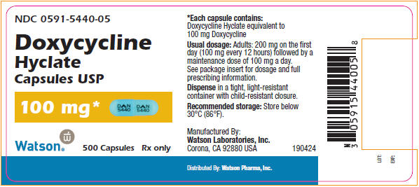 NDC: <a href=/NDC/0591-5440-05>0591-5440-05</a> Doxycycline Hyclate Capsules USP 100 mg 500 Capsules Rx Only