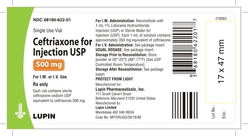CEFTRIAXONE FOR INJECTION USP
500 mg 
Rx Only
NDC: <a href=/NDC/68180-622-01>68180-622-01</a>
							1 VIAL In 1 BOX