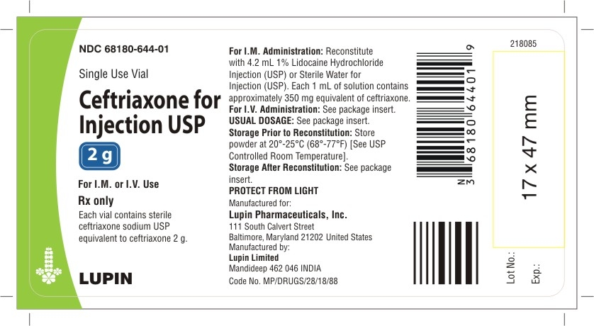 CEFTRIAXONE FOR INJECTION USP
2 g 
Rx Only
NDC: <a href=/NDC/68180-644-01>68180-644-01</a>
							1 VIAL In 1 BOX