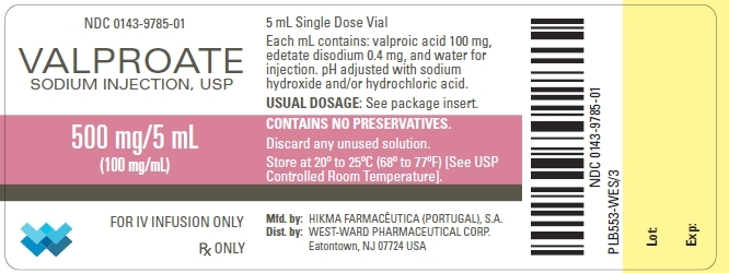 NDC: <a href=/NDC/0143-9785-01>0143-9785-01</a> VALPROATE SODIUM INJECTION, USP 500 mg/5 mL (100 mg/mL) FOR IV INFUSION ONLY Rx ONLY 5 mL Single Dose Vial Each mL contains: valproic acid 100 mg, edetate disodium 0.4 mg, and water for injection. pH adjusted with sodium hydroxide and/or hydrochloric acid. USUAL DOSAGE: See Package Insert. CONTAINS NO PRESERVATIVES Discard any unused solution. Store at 20º to 25ºC (68º to 77ºF) [see USP Controlled Room Temperature].