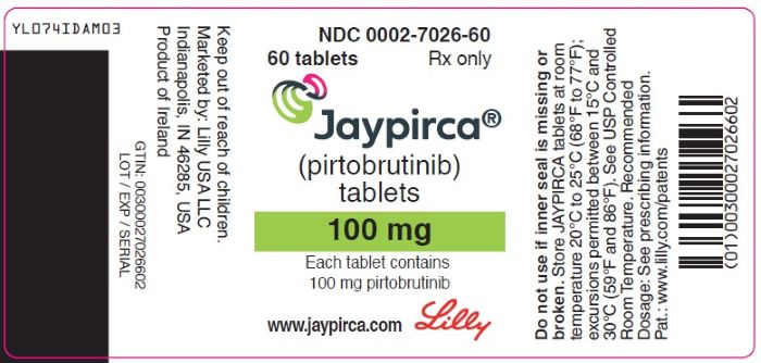 PACKAGE LABEL – JAYPIRCA 100 mg Tablets, 30 count bottle
