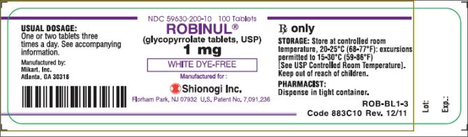 PRINCIPAL DISPLAY PANEL NDC: <a href=/NDC/59630-200-10>59630-200-10</a>   100 Tablets ROBINUL® (glycopyrrolate tablets, USP) 1 mg