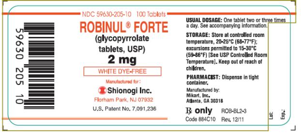 PRINCIPAL DISPLAY PANEL NDC: <a href=/NDC/59630-205-10>59630-205-10</a>   100 Tablets ROBINUL® FORTE (glycopyrrolate tablets, USP) 2 mg