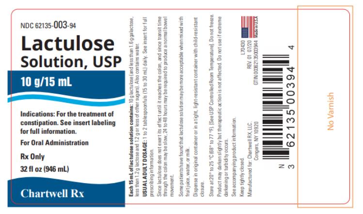 PRINCIPAL DISPLAY PANEL
NDC: <a href=/NDC/62135-003-94>62135-003-94</a>
Lactulose
Solution, USP
10 g/15 mL
Indications: For the treatment of
constipation. See insert labeling
for full information.
For Oral Administration
Rx Only
32