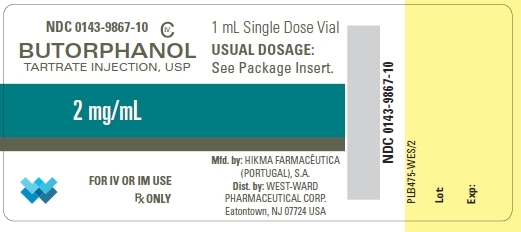 NDC: <a href=/NDC/0143-9867-10>0143-9867-10</a> CIV BUTORPHANOL TARTRATE INJECTION, USP 2 mg/mL FOR IV OR IM USE Rx ONLY 1 mL Single Dose Vial USUAL DOSAGE: See Pacakge Insert.