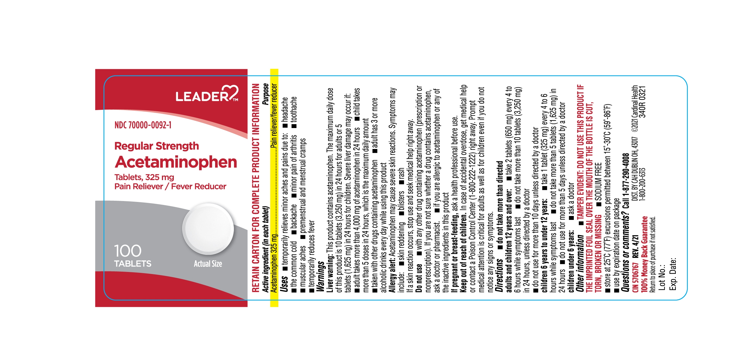 Acetaminophen Tablets 325mg-100ct-Bottle Label