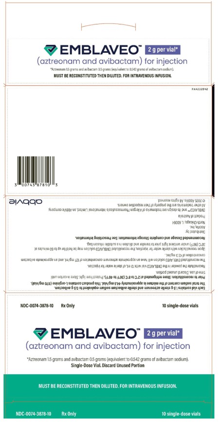 Principal Display Panel
NDC: <a href=/NDC/0074-3878-10>0074-3878-10</a>
Rx Only 
10 single-dose vials
Emblaveo™ 2g per vial*
(aztreonam and avibactam) for injection
*Aztreonam 1.5 grams and avibactam 0.5 grams (equivalent to 0.542 grams of avibactam sodium).
Single-Dose Vial. Discard Unused Portion
MUST BE RECONSTITUTED THEN DILUTED. FOR INTRAVENOUS INFUSION.
