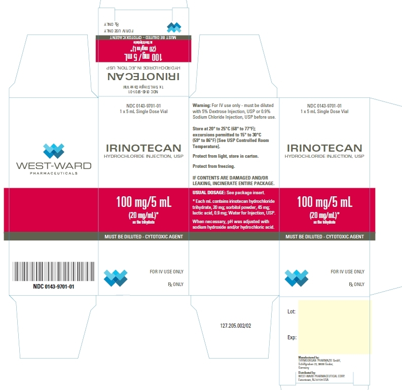 NDC: <a href=/NDC/0143-9701-01>0143-9701-01</a> 1 x 5 mL Single Dose Vial IRINOTECAN HYDROCHLORIDE INJECTION, USP 100 mg/5 mL (20 mg/mL)* as the trihydrate MUST BE DILUTED - CYTOTOXIC AGENT FOR IV USE ONLY Rx ONLY