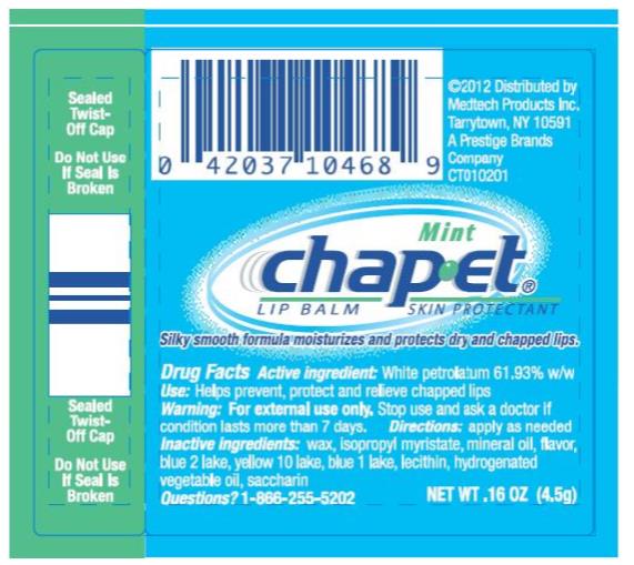 Mint chap-et
LIP BALM SKIN PROTECTANT
NET WT 0.16 OZ (4.5g)
