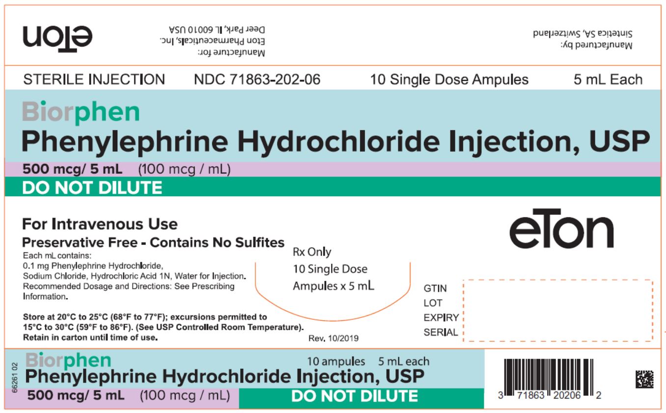 BIORPHEN (Phenylephrine Hydrochloride) Injection, USP 0.1 mg/ml Ampoule Carton (10 Single Dose Ampules) - NDC: <a href=/NDC/71863-202-06>71863-202-06</a>