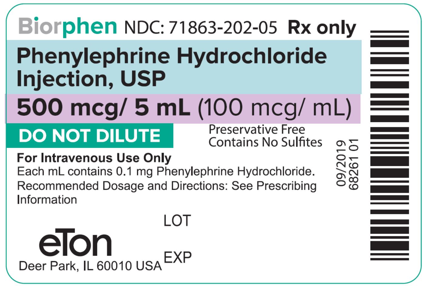 BIORPHEN (Phenylephrine Hydrochloride) Injection, USP 0.1 mg/ml Ampoule Label - NDC: <a href=/NDC/71863-202-05>71863-202-05</a>