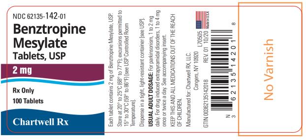 PRINCIPAL DISPLAY PANEL
NDC: <a href=/NDC/62135-142-01>62135-142-01</a>
Benztropine
Mesylate
Tablets, USP
2 mg
Rx Only
100 Tablets