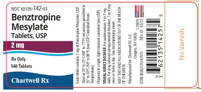 PRINCIPAL DISPLAY PANEL
NDC: <a href=/NDC/62135-142-57>62135-142-57</a>
Benztropine
Mesylate
Tablets, USP
2 mg
Rx Only
540 Tablets