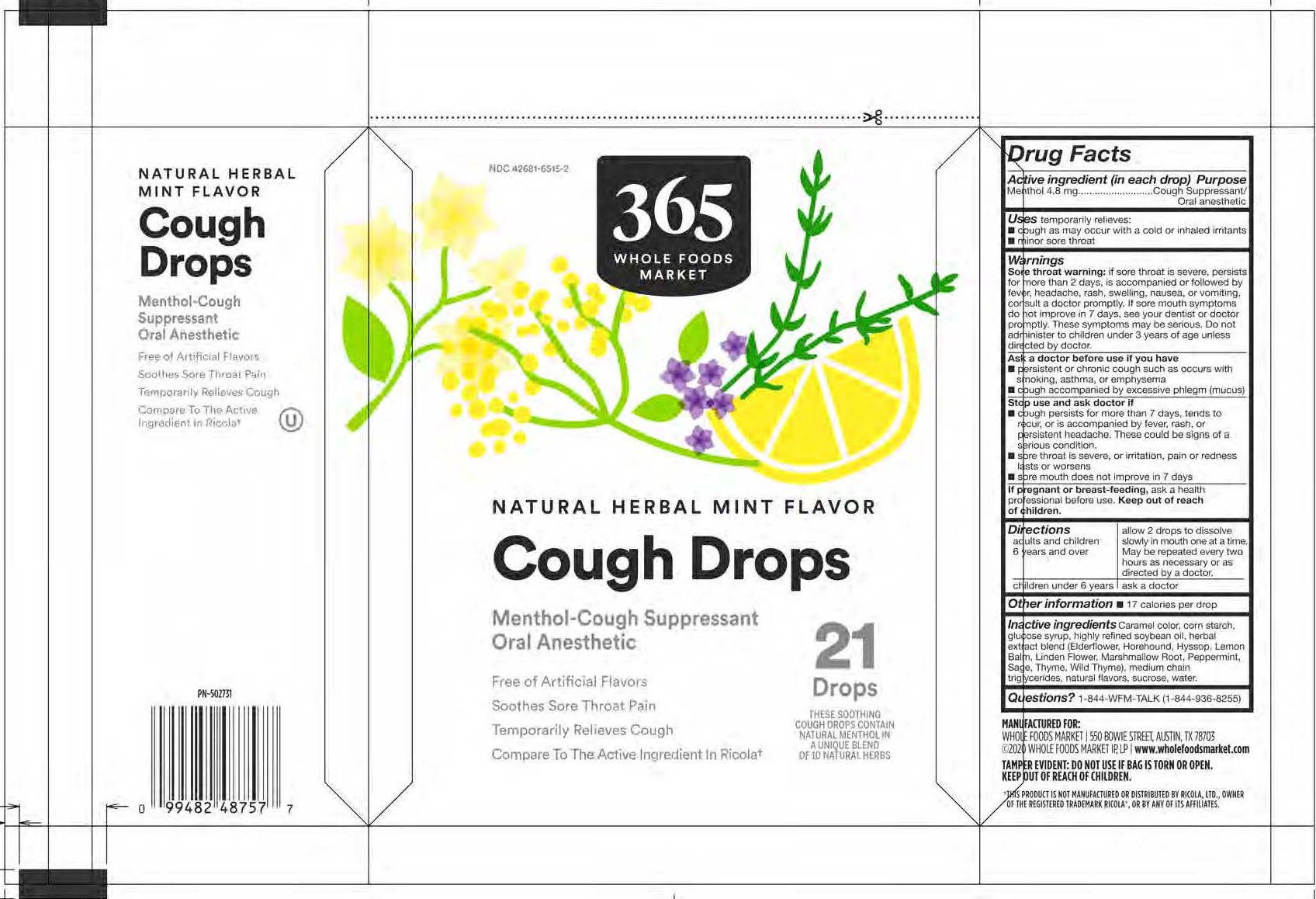 WHOLE FOODS 365 HERBAL COUGH DROPS menthol lozenge