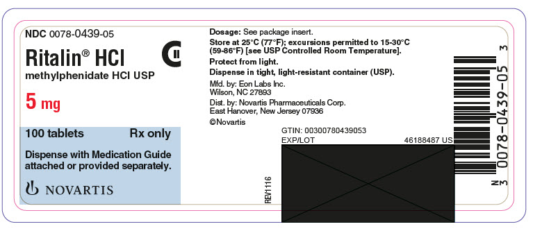 PRINCIPAL DISPLAY PANEL
									NDC: <a href=/NDC/0078-0439-05>0078-0439-05</a>
									Ritalin® HCL
									methylphenidate HCL USP
									5 mg
									100 tablets
									Rx only
									Dispense with Medication Guide attached or provided separately.
									NOVARTIS
