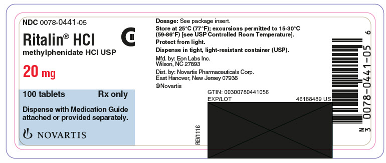 PRINCIPAL DISPLAY PANEL
									NDC: <a href=/NDC/0078-0441-05>0078-0441-05</a>
									Ritalin® HCL
									methylphenidate HCL USP
									20 mg
									100 tablets
									Rx only
									Dispense with Medication Guide attached or provided separately.
									NOVARTIS
									