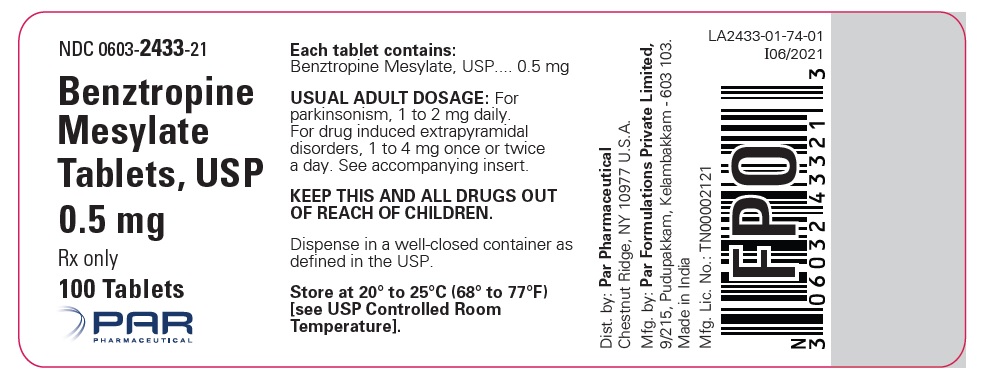 This is an image of the label for Benztropine Mesylate Tablets, USP 0.5 mg 100 tablets.