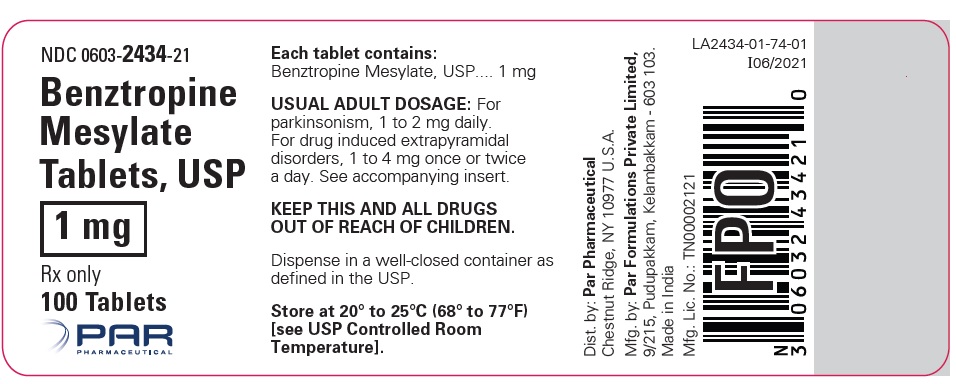 This is an image of the label for Benztropine Mesylate Tablets, USP 1 mg 100 tablets.