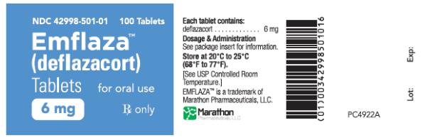 PRINCIPAL DISPLAY PANEL
NDC: <a href=/NDC/42998-501-01>42998-501-01</a>
Emflaza
(deflazacort)
Tablets
6 mg
100 Tablets
Rx Only