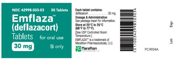 PRINCIPAL DISPLAY PANEL
NDC: <a href=/NDC/42998-503-03>42998-503-03</a>
Emflaza
(deflazacort)
Tablets
30 mg
30 Tablets
Rx Only

