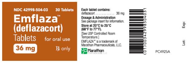 PRINCIPAL DISPLAY PANEL
NDC: <a href=/NDC/42998-504-03>42998-504-03</a>
Emflaza
(deflazacort)
Tablets
36 mg
30 Tablets
Rx Only