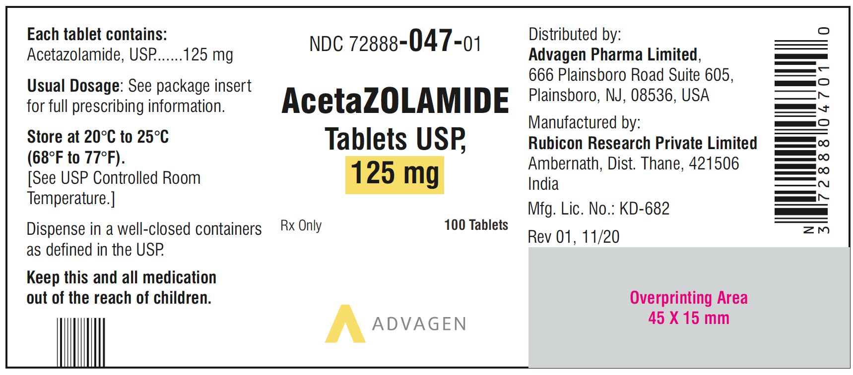 AcetaZOLAMIDE Tablets USP, 125 mg - NDC: <a href=/NDC/72888-047-01>72888-047-01</a> - 100 Tablets Bottle Label