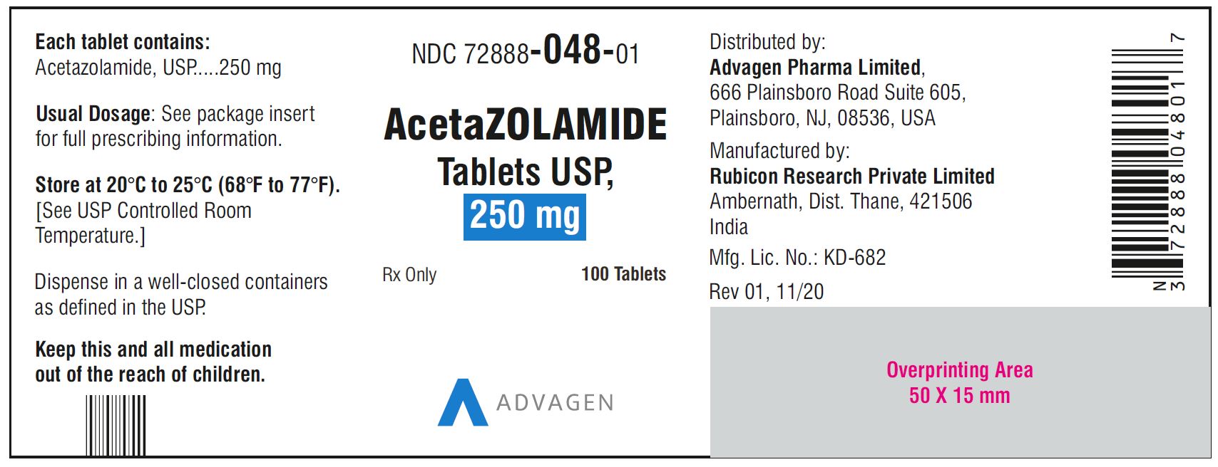 AcetaZOLAMIDE Tablets USP, 250 mg - NDC: <a href=/NDC/72888-048-01>72888-048-01</a> - 100 Tablets Bottle Label