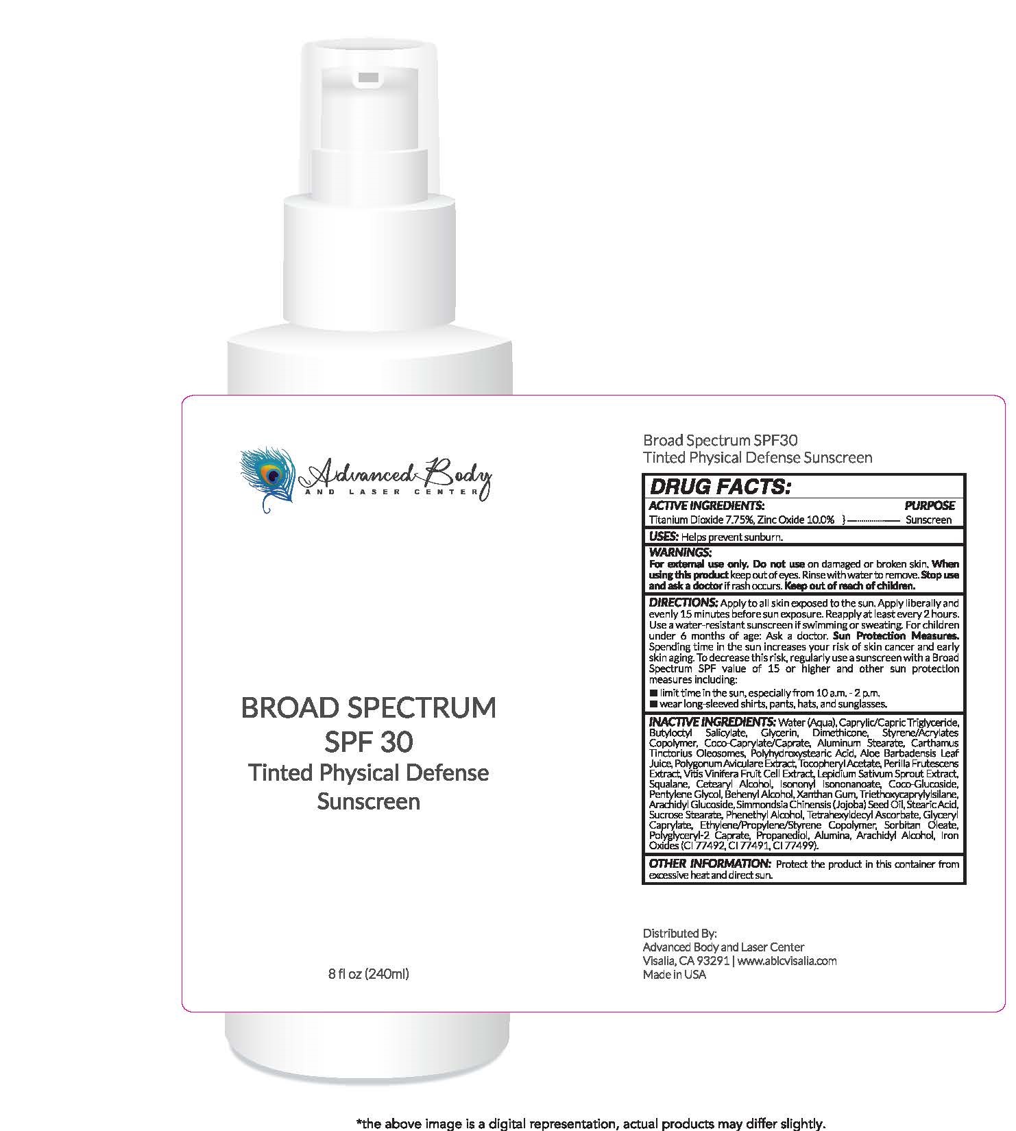 Advanced Body and Laser Center Broad Spectrum SPF 30 Tinted Physical Defense Sunscreen  8 fl oz (240ml)