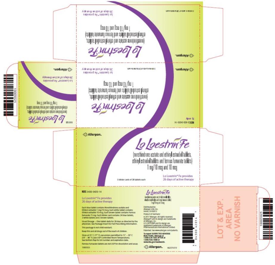 PRINCIPAL DISPLAY PANEL
NDC: <a href=/NDC/0430-0420-14>0430-0420-14</a>
Lo Loestrin Fe
26 days of active therapy
5 blister cards of 28 tablets each
Rx Only
