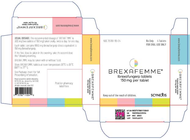 PRINCIPAL DISPLAY PANEL
NDC: <a href=/NDC/75788-115-04>75788-115-04</a>
Rx Only
4 Tablets
FOR ORAL USE ONLY
BREXAFEMME
150 mg per tablet
