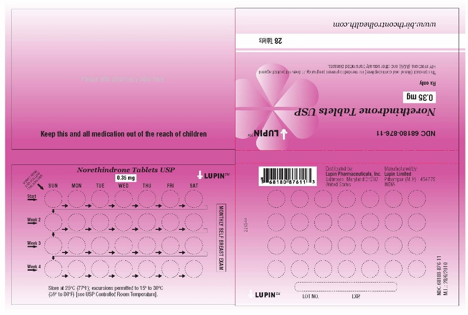Norethindrone Tablets USP
0.35 mg
Rx Only
NDC: <a href=/NDC/68180-876-11>68180-876-11</a>
Wallet Label: 28 Tablets
							28 Day Regimen