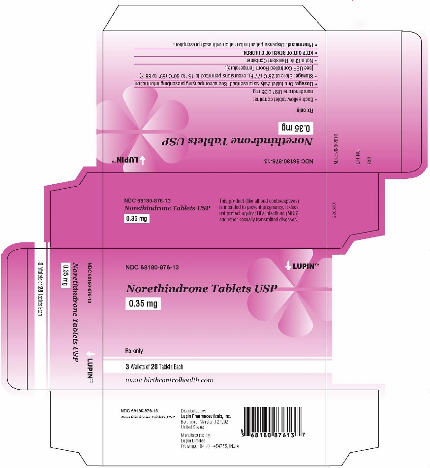Norethindrone Tablets USP
0.35 mg
Rx Only
NDC: <a href=/NDC/68180-876-13>68180-876-13</a>
Carton Label: 3 Wallets, 28 Tablets Each
							28 Day Regimen