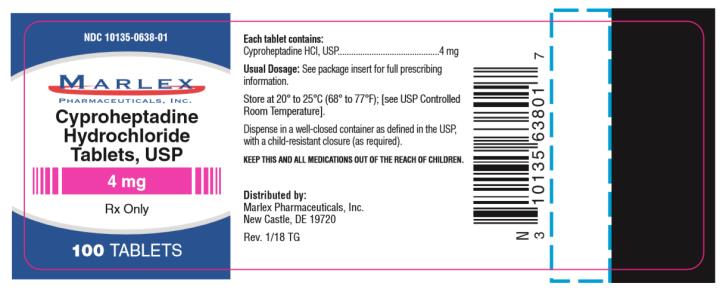 NDC: <a href=/NDC/10135-0638-0>10135-0638-0</a>1
MARLEX
PHARMACEUTICALS, INC.
Cyproheptadine
Hydrochloride
Tables, USP
4 mg
Rx Only
100 Tablets 