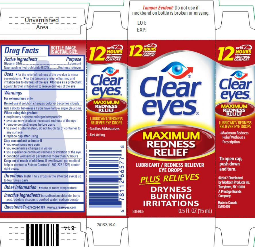 PRINCIPAL DISPLAY PANEL
Clear eyes®
MAXIMUM
REDNESS RELIEF
LUBRICANT/REDNESS
RELIEVER EYE DROPS
STERILE 0.5 FL OZ (15 mL)
