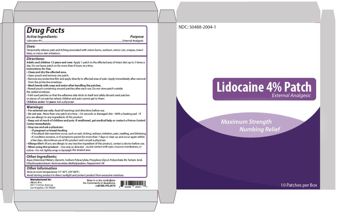 PRINCIPAL DISPLAY PANEL
Lidocaine 4% Patch
NDC: <a href=/NDC/50488-2004-1>50488-2004-1</a>
10 Patches per Box

Alexso, Inc
