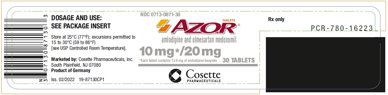 PRINCIPAL DISPLAY PANEL NDC: <a href=/NDC/0713-0871-30>0713-0871-30</a> AZOR amlodipine and olmesartan medoxomil 10 mg*/ 20 mg 30 Tablets Rx only