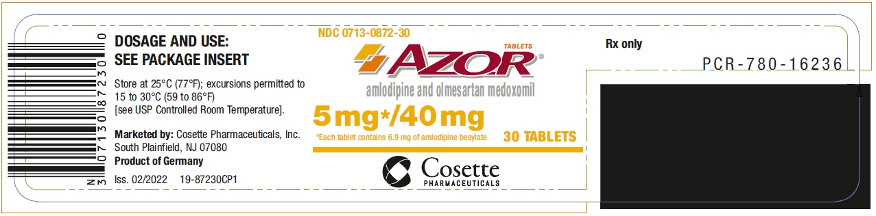 PRINCIPAL DISPLAY PANEL NDC: <a href=/NDC/0713-0872-30>0713-0872-30</a> AZOR amlodipine and olmesartan medoxomil 5 mg*/ 40 mg 30 Tablets Rx only