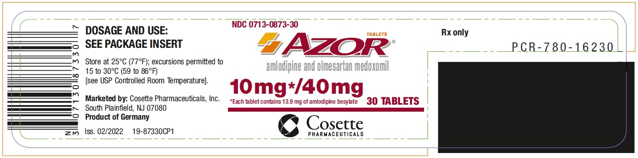 PRINCIPAL DISPLAY PANEL NDC: <a href=/NDC/0713-0873-30>0713-0873-30</a> AZOR amlodipine and olmesartan medoxomil 10 mg*/ 40 mg 30 Tablets Rx only