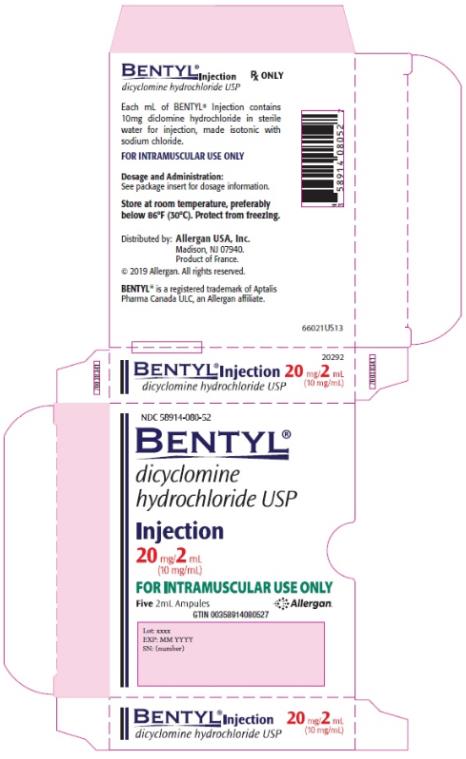 PRINCIPAL DISPLAY PANEL
NDC: <a href=/NDC/58914-080-52>58914-080-52</a>
BENTYL
dicyclomine 
hydrochloride USP
Injection
20 mg/2 mL
(10 mg/mL)
FOR INTRAMUSCULAR USE ONLY
