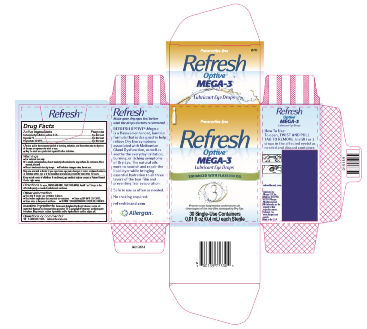 Preservative-free
Refresh 
Optive® 
MEGA-3
Lubricant Eye Drops 
ENHANCED WITH FLAXSEED OIL
Prevents tear evaporation and restores all
three layers of the tear film damaged by Dry Eye.
30 Single-Use Containers
0.01 fl oz (0.4 mL) each Sterile
