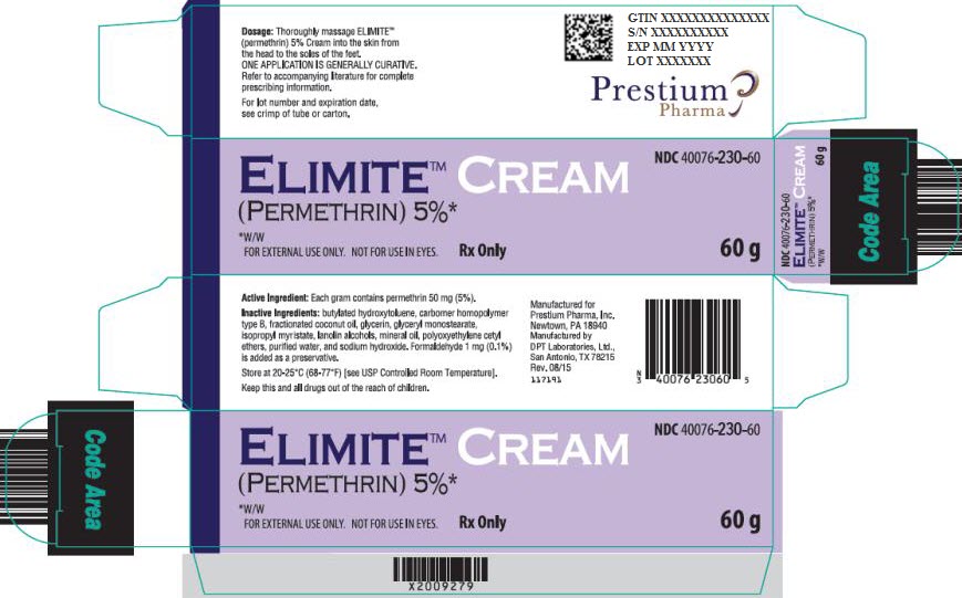 PRINCIPAL DISPLAY PANEL
NDC: <a href=/NDC/40076-230-60>40076-230-60</a>
Elimite Cream
(permethrin) 5%
Rx Only
60 g
