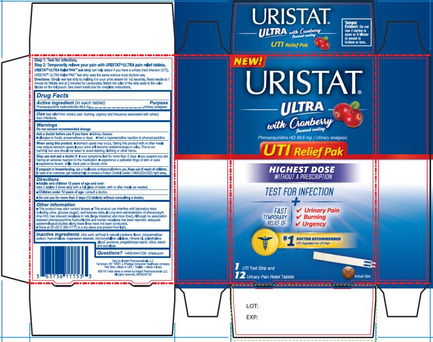 RISTAT® ULTRA with Cranberry flavored coating
UTI Relief PAK™
Phenazopyridine Hydrochloride  99.5 mg
1 UTI Test Strip and 12 Urinary Pain Relief Tablets
