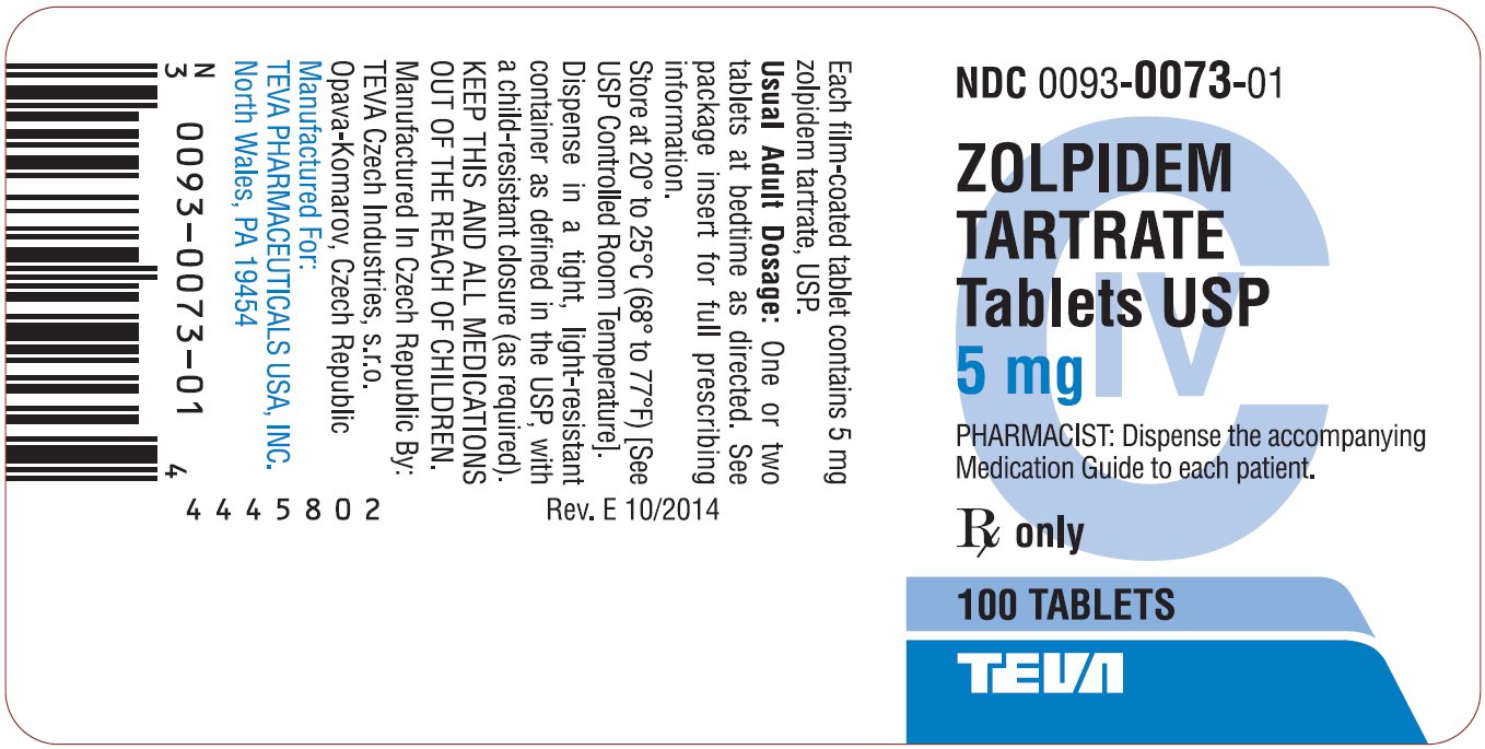 Zolpidem Tartrate Tablets USP 5 mg CIV 100s Label