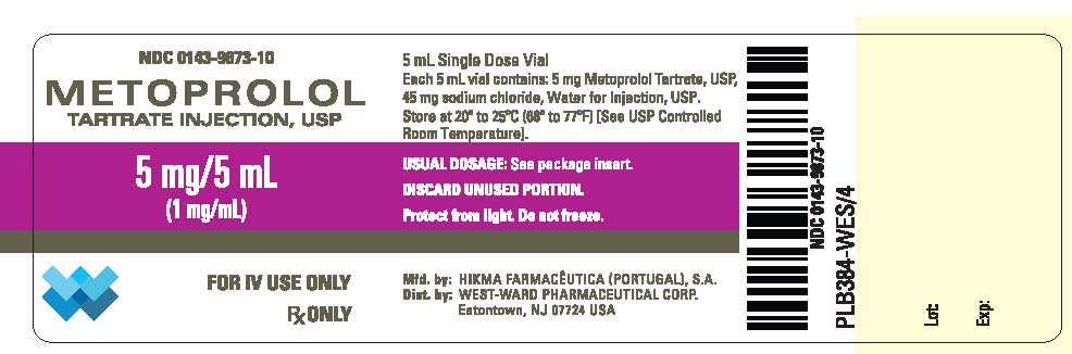 NDC: <a href=/NDC/0143-9873-10>0143-9873-10</a> METOPROLOL TARTRATE INJECTION, USP 5 mg/5 mL (1 mg/mL) FOR IV USE ONLY Rx ONLY 5 mL Single Dose Vial Each 5 mL vial contains: 5 mg Metoprolol Tartrate, USP, 45 mg sodium chloride, Water for Injection, USP. Store at 20º to 25ºC (68º to 77ºF) [See USP Controlled Room Temperature]. USUAL DOSAGE: See package insert. DISCARD UNUSED PORTION. Protect from light. Do not freeze.