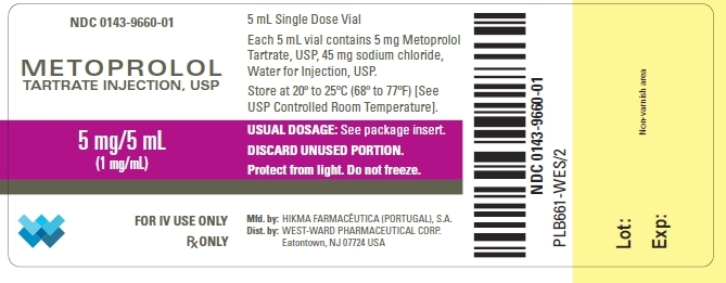 NDC: <a href=/NDC/0143-9660-01>0143-9660-01</a> METOPROLOL TARTRATE INJECTION, USP 5 mg/5 mL (1 mg/mL) FOR IV USE ONLY Rx ONLY 5 mL Single Dose Vial Each 5 mL vial contains: 5 mg Metoprolol Tartrate, USP, 45 mg sodium chloride, Water for Injection, USP. Store at 20º to 25ºC (68º to 77ºF) [See USP Controlled Room Temperature]. USUAL DOSAGE: See package insert. DISCARD UNUSED PORTION. Protect from light. Do not freeze.