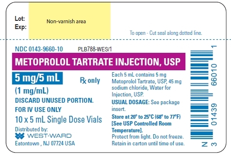 NDC: <a href=/NDC/0143-9660-10>0143-9660-10</a> METOPROLOL TARTRATE INJECTION, USP 5 mg/5 mL Rx only (1 mg/mL) DISCARD UNUSED PORTION. FOR IV USE ONLY 10 x 5 mL Single Dose Vials Each 5 mL contains 5 mg Metoprolol Tartrate, USP, 45 mg sodium chloride, Water for Injection, USP. USUAL DOSAGE: See package insert. Store at 20º to 25ºC (68º to 77ºF) [See USP Controlled Room Temperature]. Protect from light. Do not freeze. Retain in carton until time of use.
